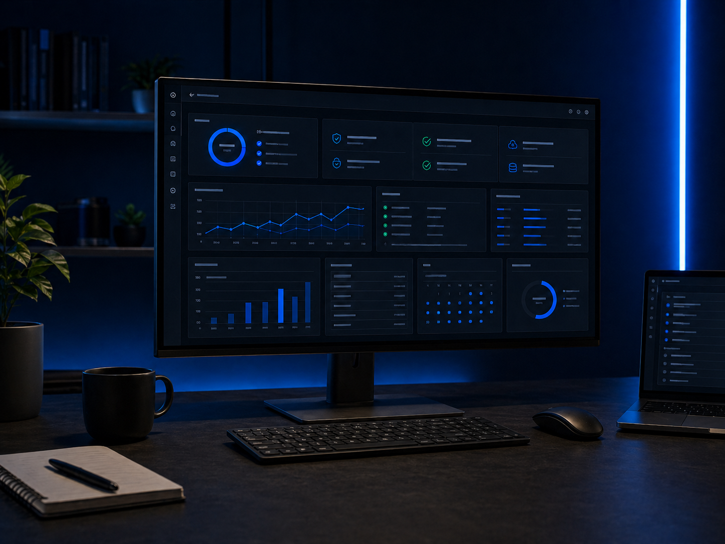 A clean dashboard showing website uptime, performance metrics and security status on a bright monitor