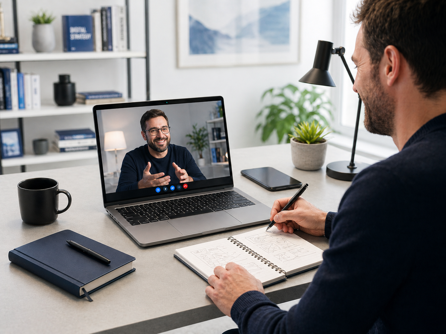 Two people on a friendly video call, bright professional setting, notepad and laptop visible