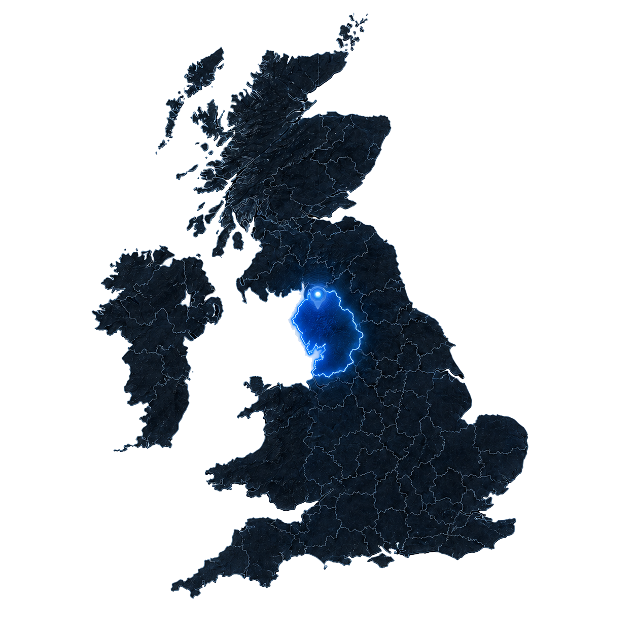 Dark UK map with Cumbria glowing in blue, highlighting North Eden Digital's primary service area
