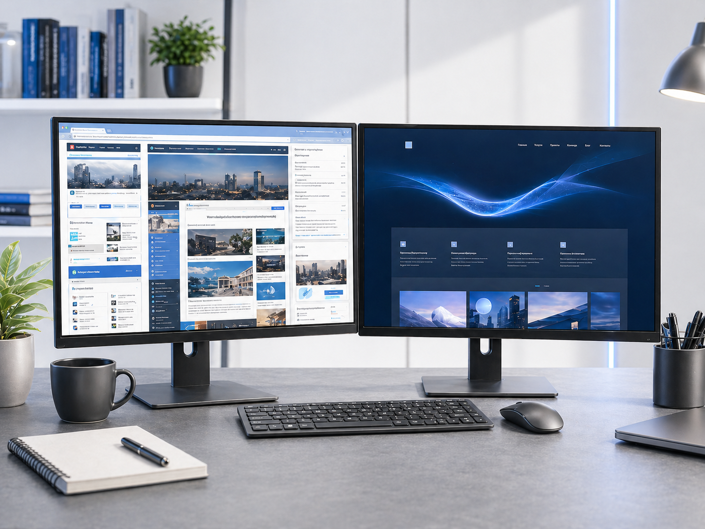 A split screen showing an old tired website on the left and a fresh modern redesign on the right