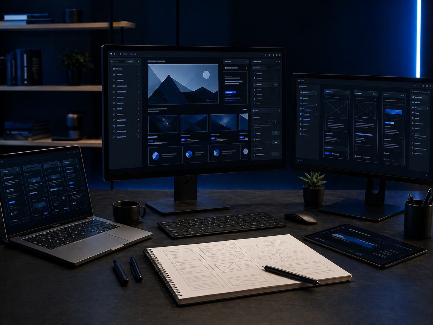A designer working on a custom website mockup on a bright modern desk with multiple screens showing wireframes and design tools